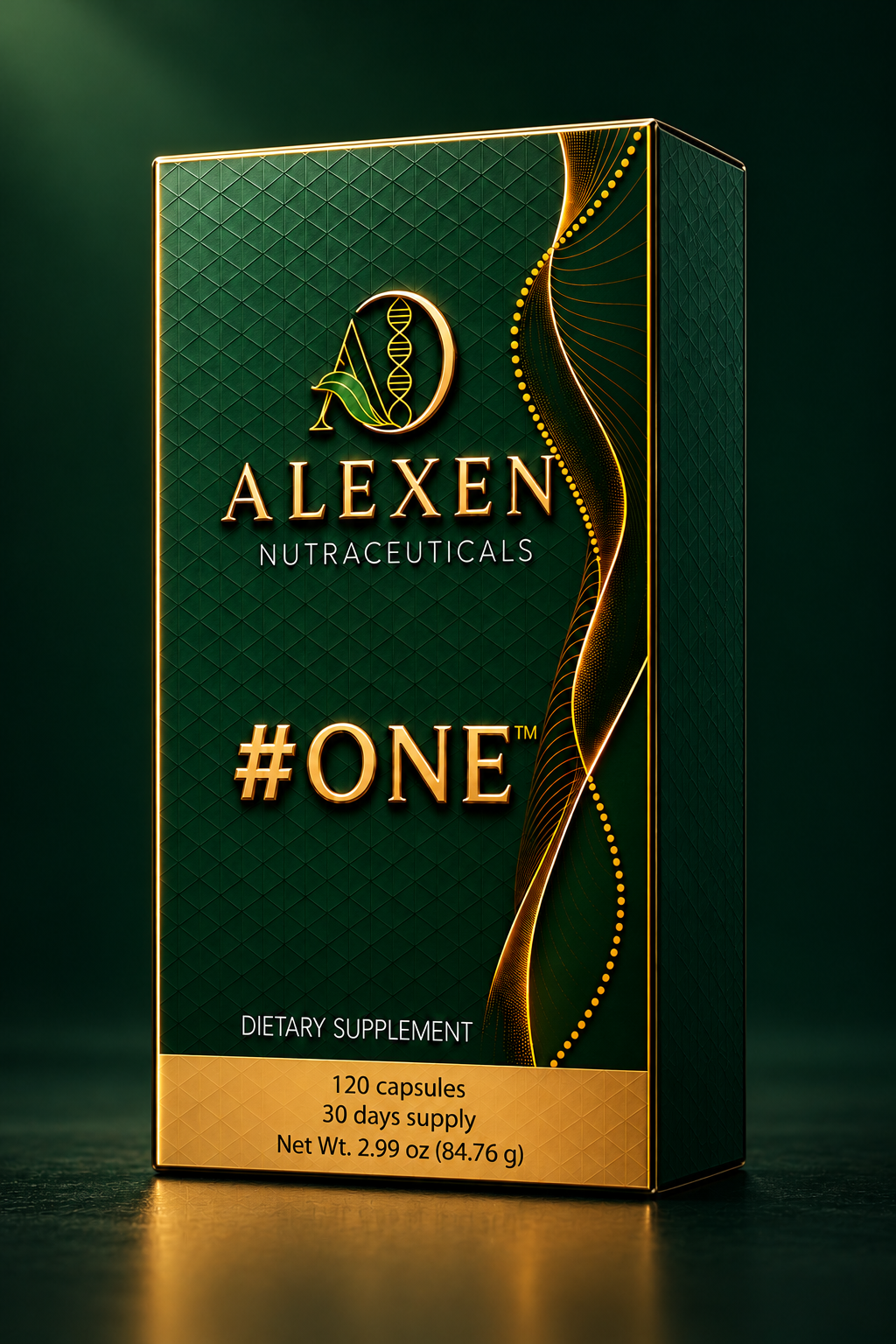 ALEXEN Nutraceuticals #ONE — three-dimensional green and gold product box with an unlettered side panel in atmospheric studio lighting